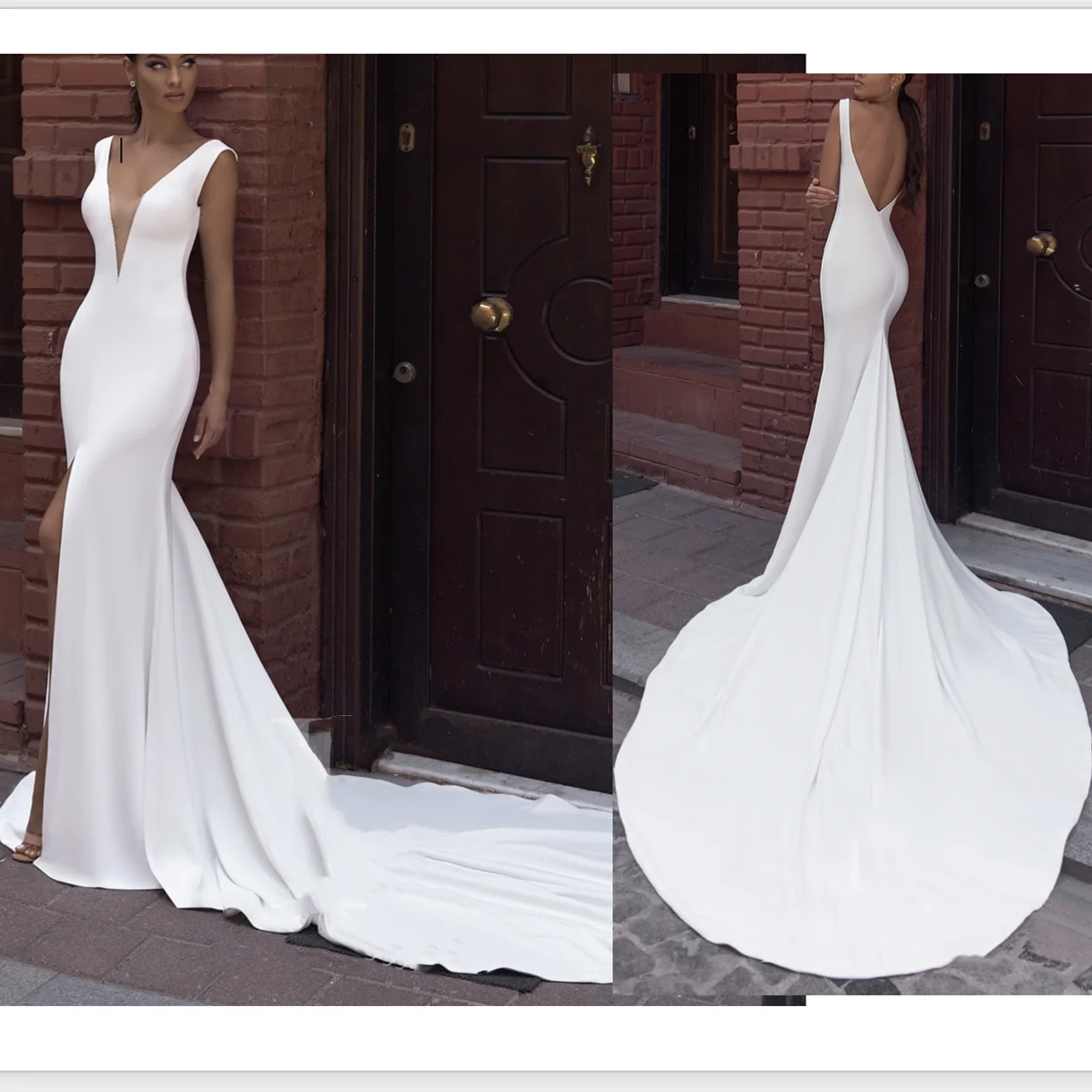 V Neckline Sheath Simple Crepe Wedding Dress with Split in Front Middle Unque Design
V Neckline Sheath Simple Crepe Wedding Dress with Split in Front Middle Unque Design