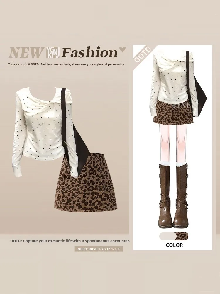 Spring Fashion round Neck Long Sleeve Slim Fit T-Shirt Leopard Print Short Skirt Two Piece Set Women's High Waist Short Skirt
Spring Fashion round Neck Long Sleeve Slim Fit T-Shirt Leopard Print Short Skirt Two Piece Set Women's High Waist Short Skirt