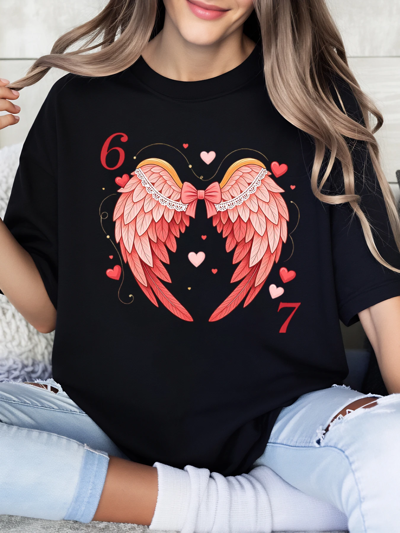 Angel Wings Heart 67 Valentine's Day Printed T-Shirt Women Casual Wear Black Plus-Size
Angel Wings Heart 67 Valentine's Day Printed T-Shirt Women Casual Wear Black Plus-Size