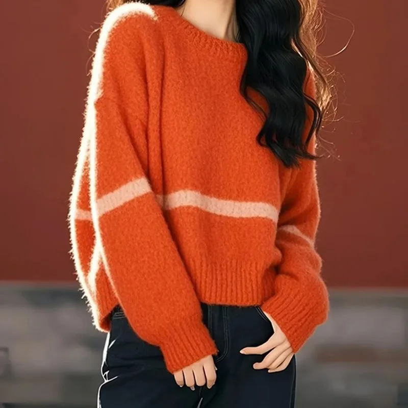 Orange Striped Half Turtleneck Thickened Loose Knitted Sweater Women's Autumn and Winter Round Neck Top
Orange Striped Half Turtleneck Thickened Loose Knitted Sweater Women's Autumn and Winter Round Neck Top