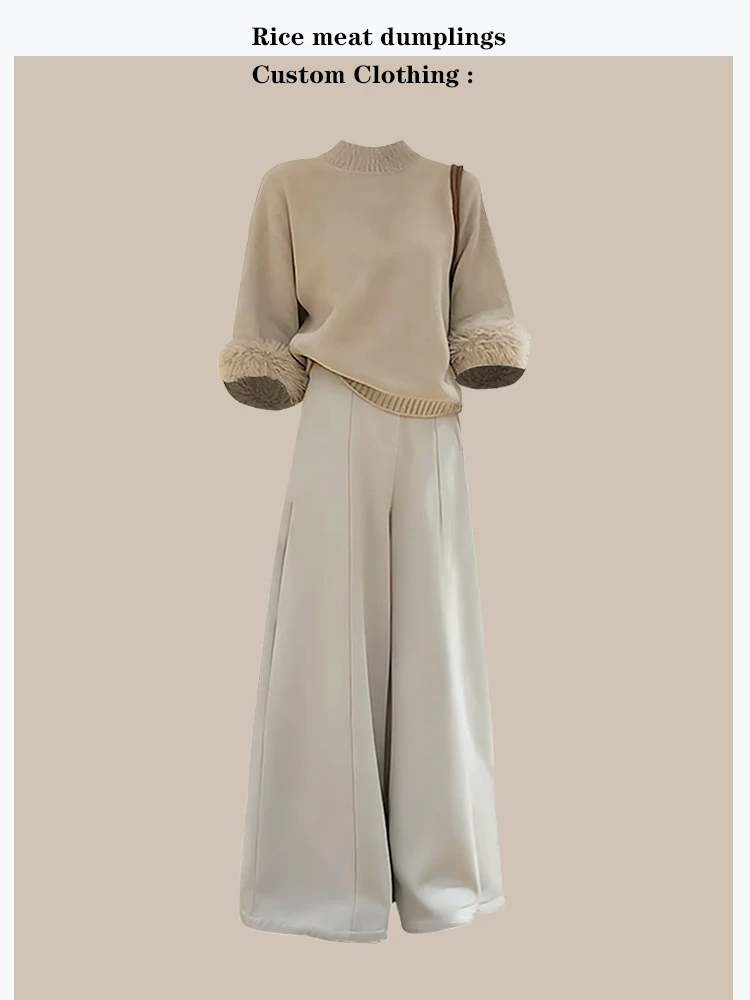 Korean Style Luxury Sensation Knitted Sweater Set with Fur Sleeve And Wide Leg Pants Elegant Ladylike Winter Fashion
Korean Style Luxury Sensation Knitted Sweater Set with Fur Sleeve And Wide Leg Pants Elegant Ladylike Winter Fashion