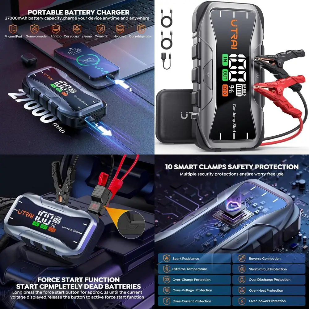 Портативный стартер 8000А для автомобиля, перемычка с аккумулятором 12 В, перемычка 27000 мАч для всех газовых и дизельных двигателей 12 л, быстрая зарядка 65 Вт
Портативный стартер 8000А для автомобиля, перемычка с аккумулятором 12 В, перемычка 27000 мАч для всех газовых и дизельных двигателей 12 л, быстрая зарядка 65 Вт