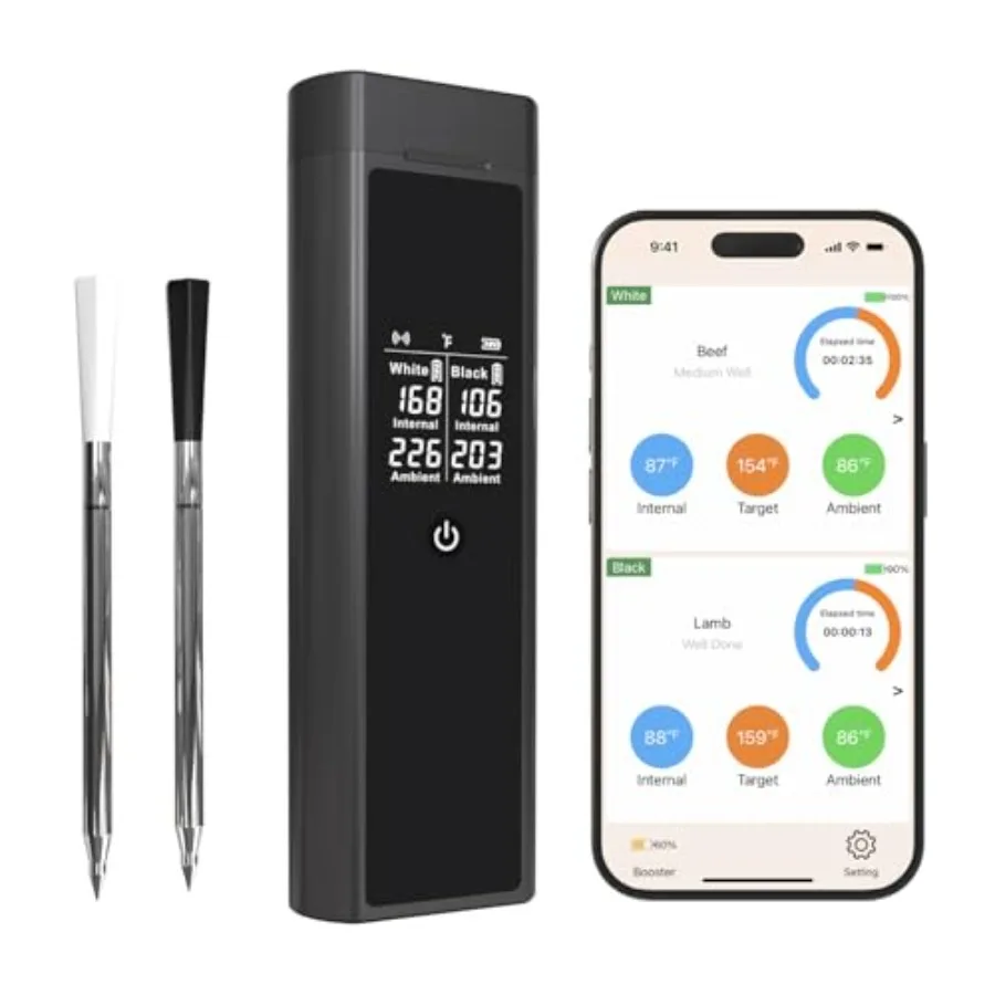 Dual Probe Wireless Meat Thermometer with Digital Large Display Long Range App Control Heat Resistant Waterproof 0.5S Instant R