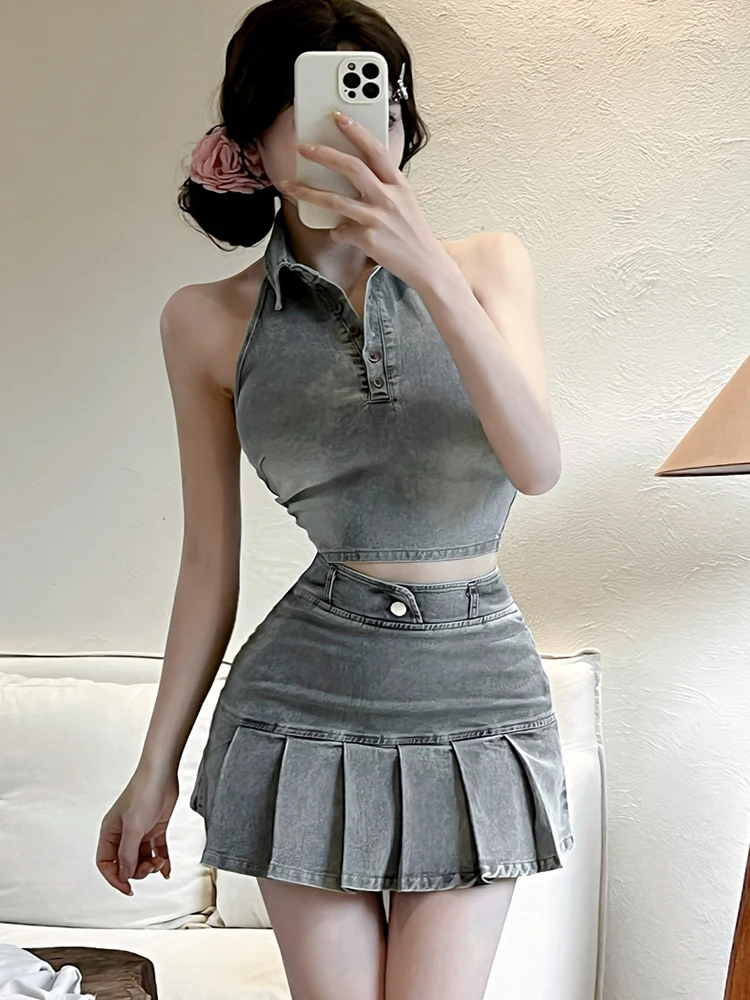 Women Summer Denim Outfits 2025 Fashion Sexy Backless Crop Tops And High Waist Bodycon Mini Pleated Skirts Two Piece Sets
Women Summer Denim Outfits 2025 Fashion Sexy Backless Crop Tops And High Waist Bodycon Mini Pleated Skirts Two Piece Sets