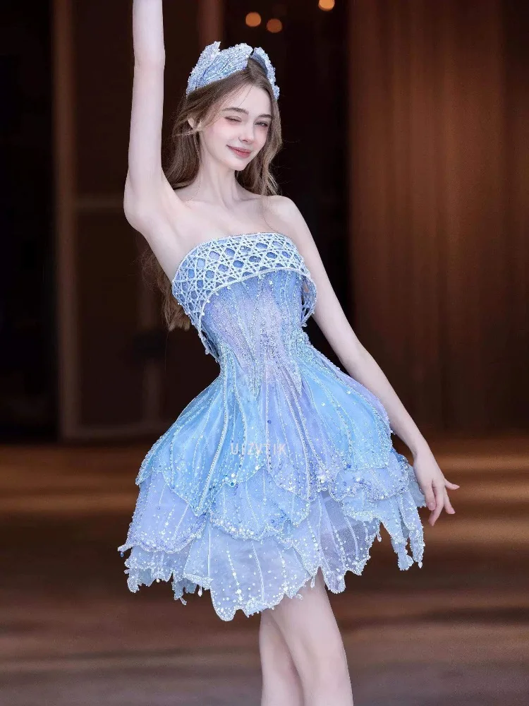 Strapless Princess Short Prom Dress Women Handmade Sparkly Beaded Tiered Tulle Party Dress Customized Special Occasion Dresses
Strapless Princess Short Prom Dress Women Handmade Sparkly Beaded Tiered Tulle Party Dress Customized Special Occasion Dresses
