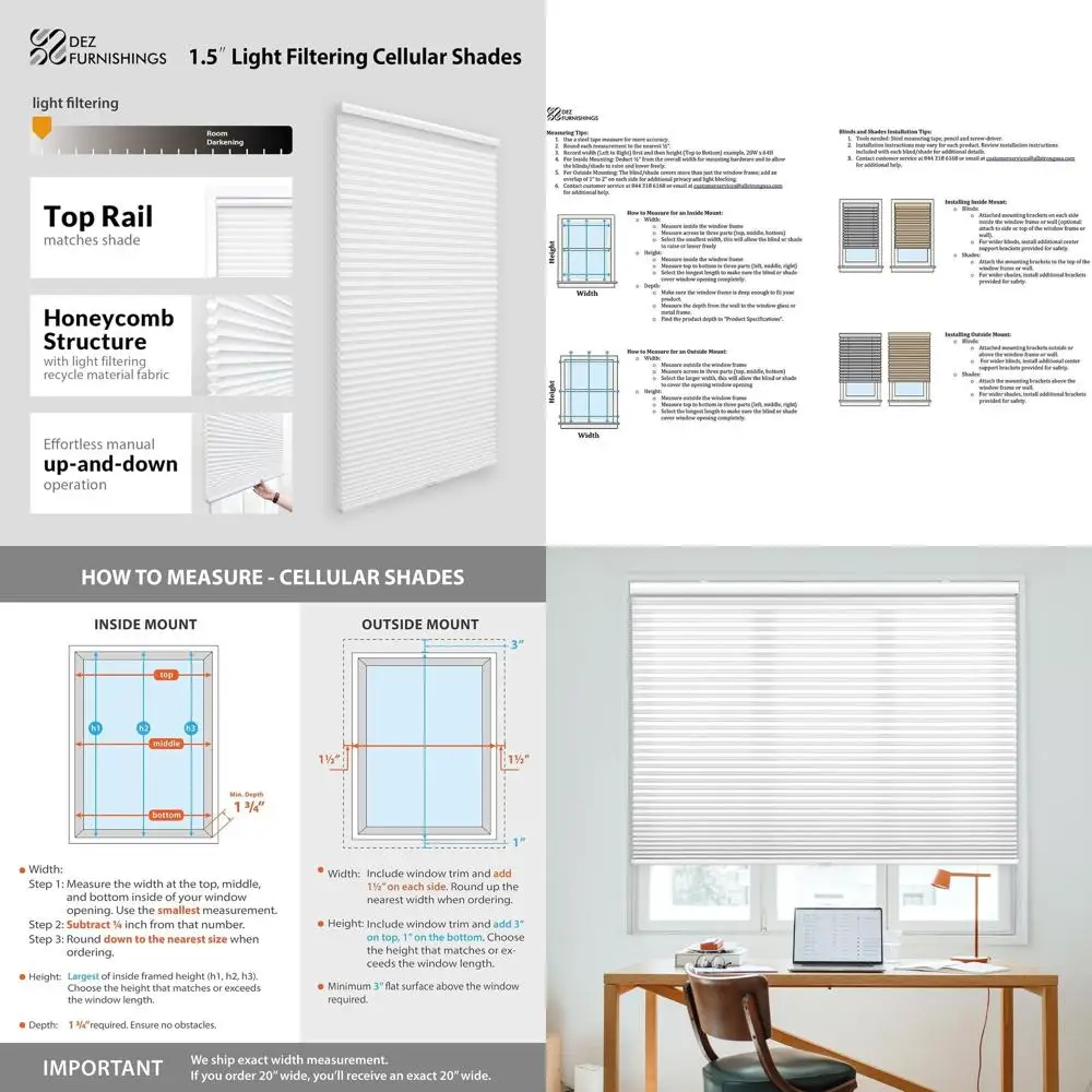 Сотовая штора с фильтрацией света 1.5, 70x48 дюймов, белая
Сотовая штора с фильтрацией света 1.5, 70x48 дюймов, белая