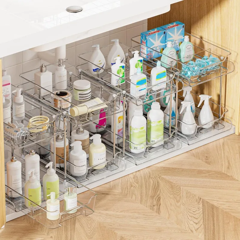 4 Pack 2 Tier Bathroom Under Sink Organizers and Storage, Clear Kitchen Pantry Organization, Pull Out Medicine Cabinet
4 Pack 2 Tier Bathroom Under Sink Organizers and Storage, Clear Kitchen Pantry Organization, Pull Out Medicine Cabinet