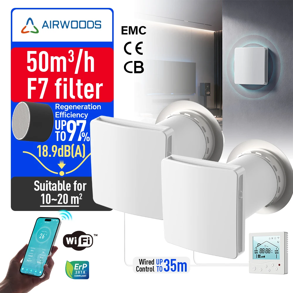 Airwoods-AW Air Recuperation System 31dB(A) Silent Wall-Mounted Energy Heat Recovery Ventilation For Dining Basement Wired Smart
Airwoods-AW Air Recuperation System 31dB(A) Silent Wall-Mounted Energy Heat Recovery Ventilation For Dining Basement Wired Smart