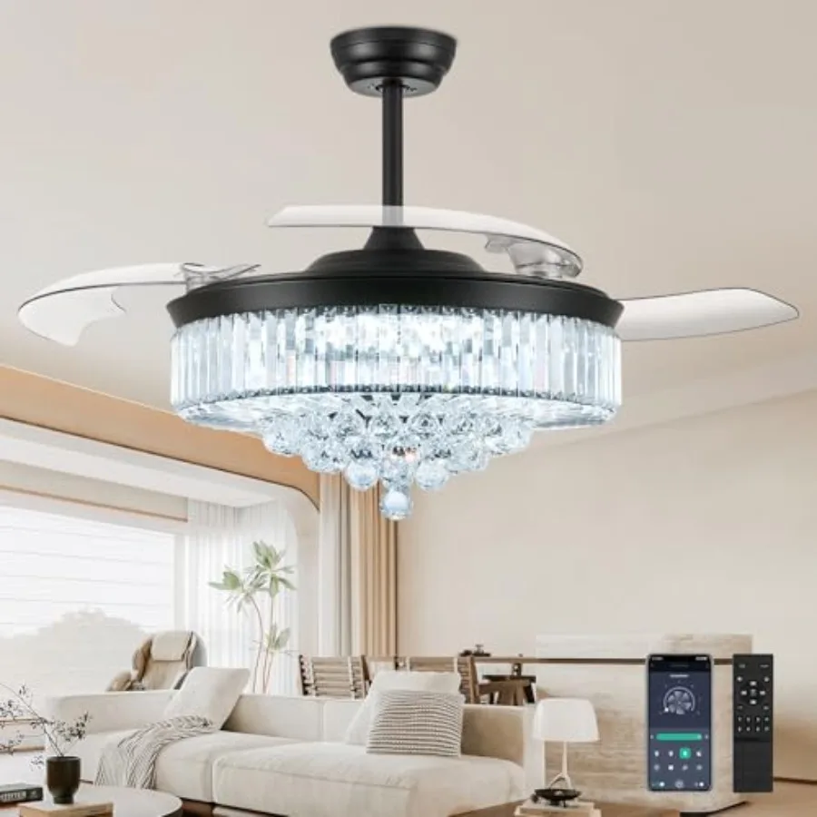 52 Inch Fandelier Ceiling Fan with Light for Bedroom Living Room Dining Room, Black Metal and Crystal, 3 Color Temperature, 6 W
52 Inch Fandelier Ceiling Fan with Light for Bedroom Living Room Dining Room, Black Metal and Crystal, 3 Color Temperature, 6 W