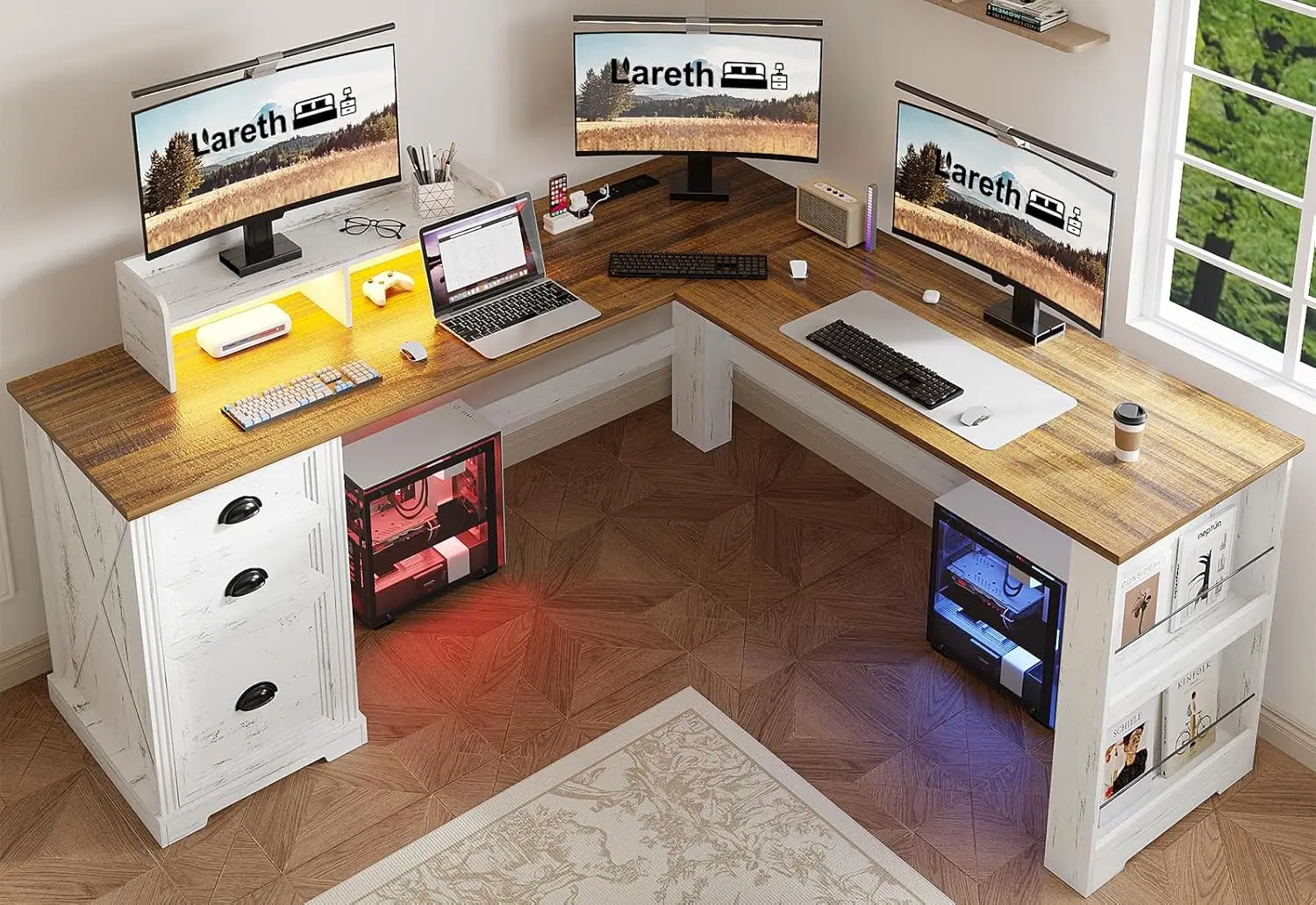 L Shaped Desk with Monitor Stand Farmhouse Computer Desk with Led Light and Power Outlet, Executive Desk for Home Office Room Wo
L Shaped Desk with Monitor Stand Farmhouse Computer Desk with Led Light and Power Outlet, Executive Desk for Home Office Room Wo