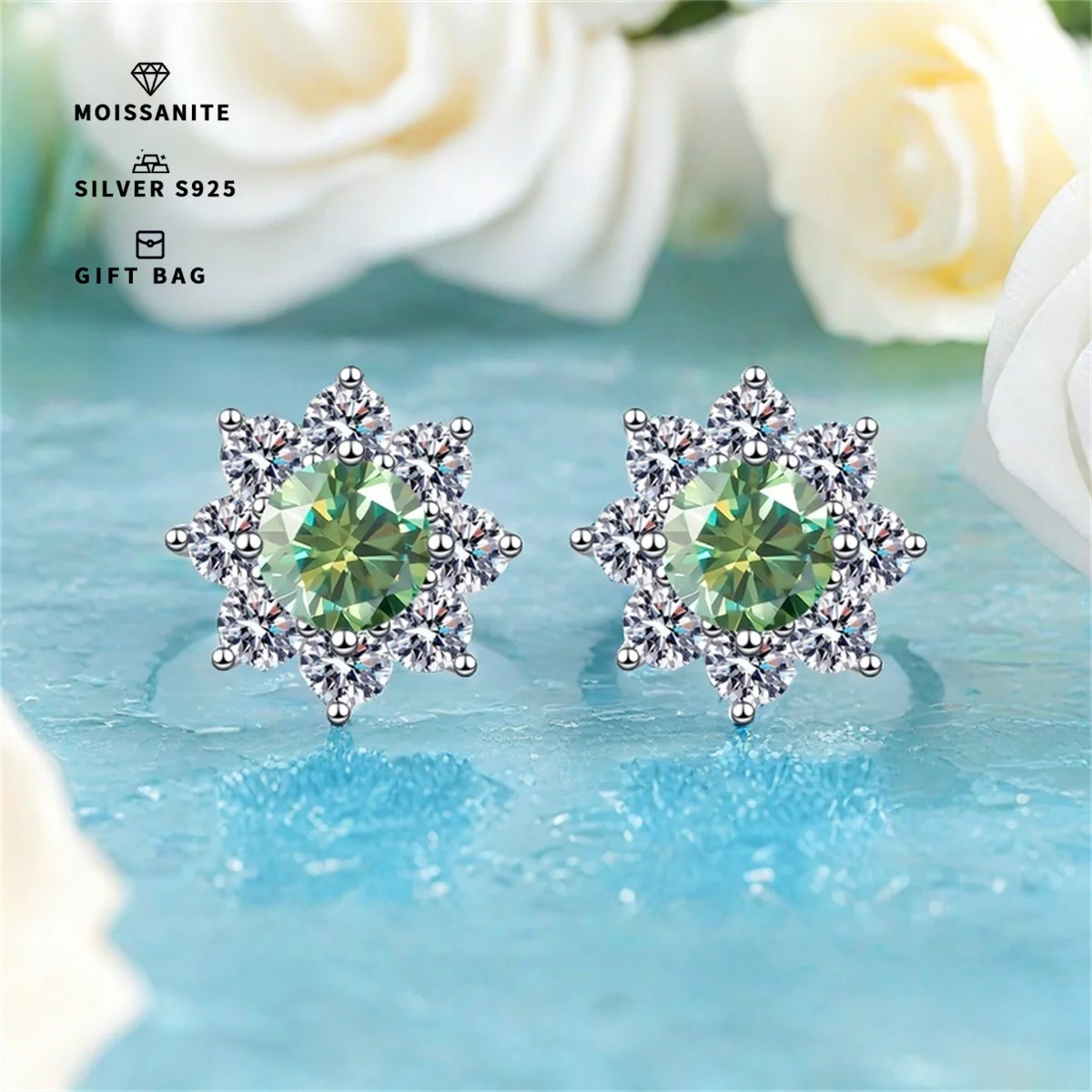 A pair of S925 silver Platinum plating Light green GRA Moissanite sunflower earrings for women's fine jewelry elegant style
A pair of S925 silver Platinum plating Light green GRA Moissanite sunflower earrings for women's fine jewelry elegant style
