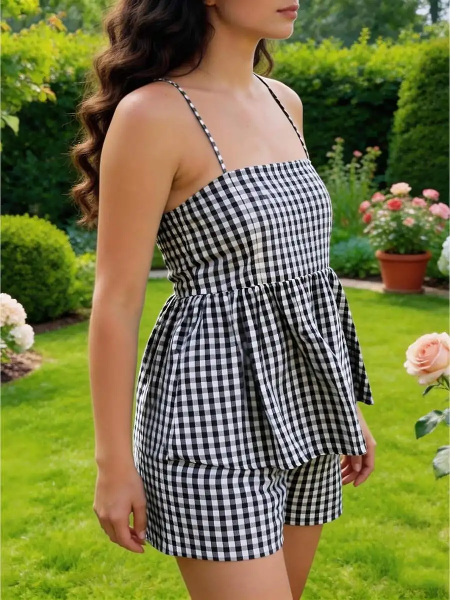 Womens Gingham Check Spaghetti Strap Cami Shorts Set With Ruffle Hem
Womens Gingham Check Spaghetti Strap Cami Shorts Set With Ruffle Hem