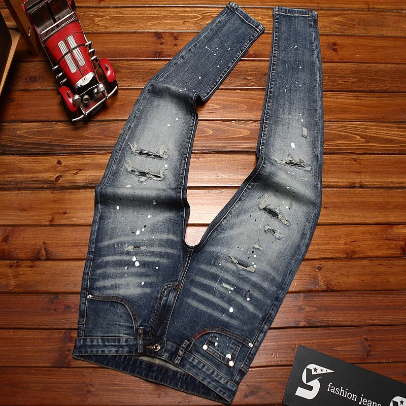 Broken hole jeans for men, classic trend, retro street style, slim fit, small feet, elastic, heavyweight denim pants
Broken hole jeans for men, classic trend, retro street style, slim fit, small feet, elastic, heavyweight denim pants