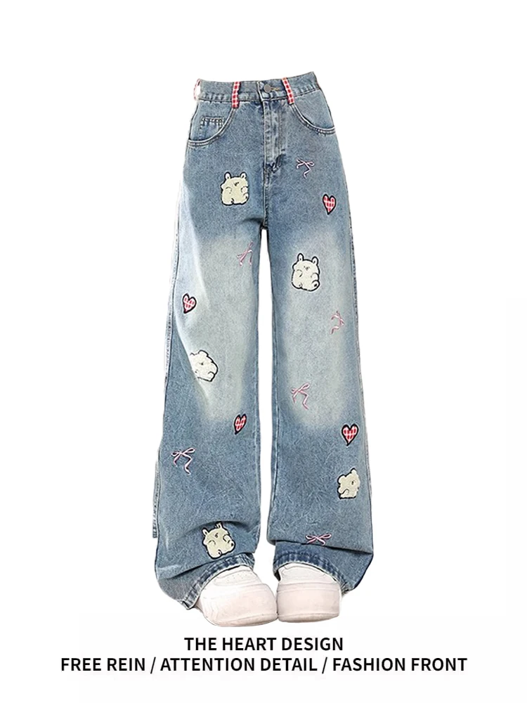 Retro American Cartoon Embroidery Wide Leg Jeans Casual Loose Fit High Waist Long Pants for Women Spring New Design
Retro American Cartoon Embroidery Wide Leg Jeans Casual Loose Fit High Waist Long Pants for Women Spring New Design