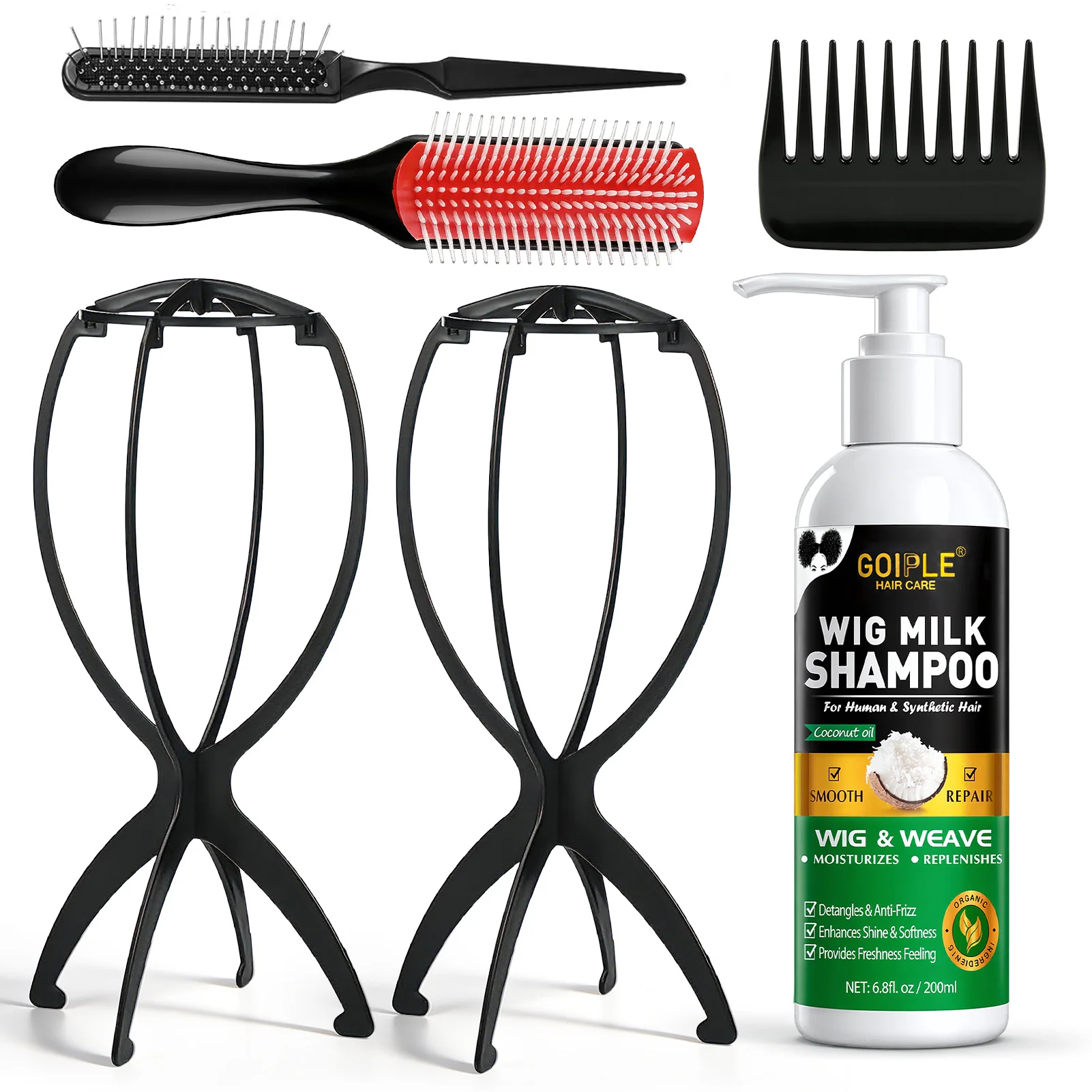 6pcs Professional Wig Care Kit with 200ml Wig Milk Shampoo Coconut Oil 2 Portable Foldable Wig Stands 9-Row Detangling Brush Wide Tooth Comb Double Sided Edge Brush for Human and Synthetic Hair Lace Front Maintenance Styling Set for Women
6pcs Professional Wig Care Kit with 200ml Wig Milk Shampoo Coconut Oil 2 Portable Foldable Wig Stands 9-Row Detangling Brush Wide Tooth Comb Double Sided Edge Brush for Human and Synthetic Hair Lace Front Maintenance Styling Set for Women