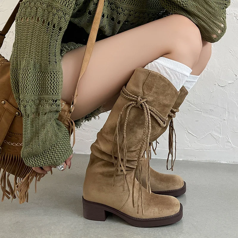 Arden Furtado Autumn apricot suede Pleated Tassel boots Square toe slip-on Middle heel Knee high boots Large size Women's Boots
Arden Furtado Autumn apricot suede Pleated Tassel boots Square toe slip-on Middle heel Knee high boots Large size Women's Boots