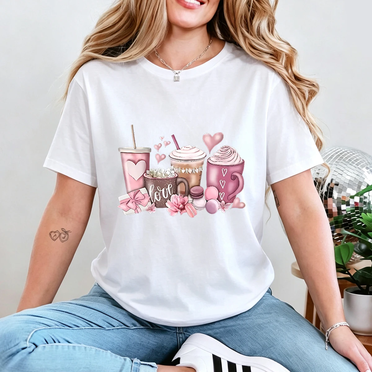 Women's Plus-Size Crew Neck Short-Sleeve T-Shirt Featuring a Pink Coffee Cup and Heart-Shaped Floral Design — 100% Cotton; Perfect for Coffee Lovers for Everyday Wear, Shopping, Vacation, and Lounging at Home.
Women's Plus-Size Crew Neck Short-Sleeve T-Shirt Featuring a Pink Coffee Cup and Heart-Shaped Floral Design — 100% Cotton; Perfect for Coffee Lovers for Everyday Wear, Shopping, Vacation, and Lounging at Home.