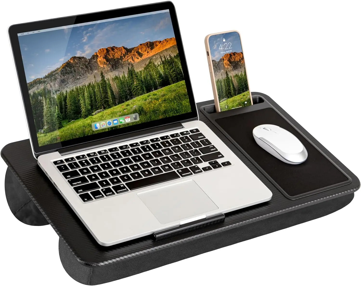 Portable Lap Desk with Mouse Pad & Phone Holder for Laptops up to 15.6 Inch, Black Carbon Design
Portable Lap Desk with Mouse Pad & Phone Holder for Laptops up to 15.6 Inch, Black Carbon Design