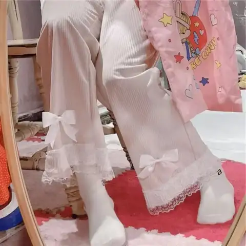 Pantalones de pana de cintura alta Kawaii para mujer, pantalón de pierna ancha de encaje con lazo, ropa Y2k, pantalón informal, holgado y bonito, color rosa japonés