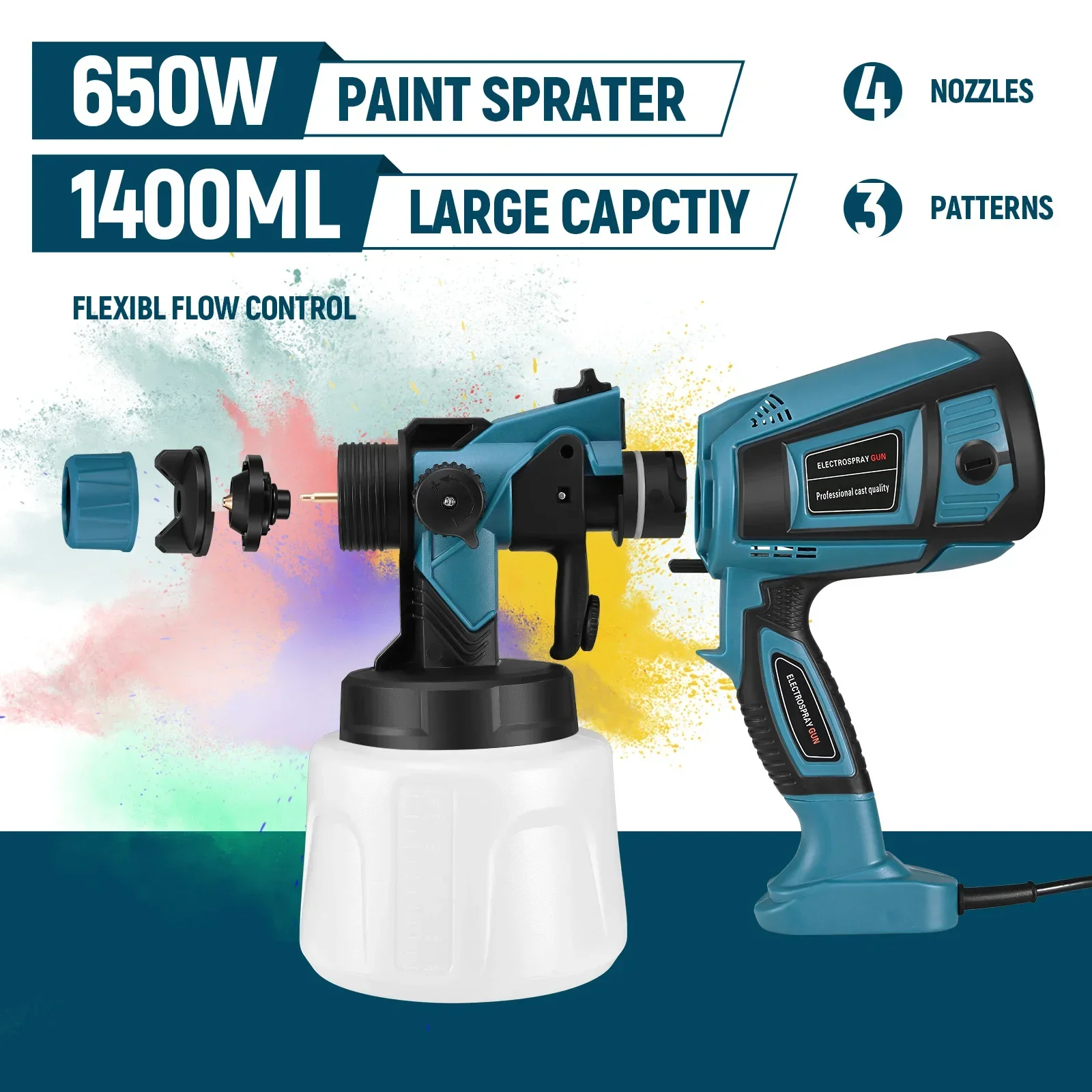 -Spray Gun 650W Electric Spray Gun 4 Nozzle Sizes1400ml HVLP Household Paint Sprayer Flow Control Easy Spraying
-Spray Gun 650W Electric Spray Gun 4 Nozzle Sizes1400ml HVLP Household Paint Sprayer Flow Control Easy Spraying