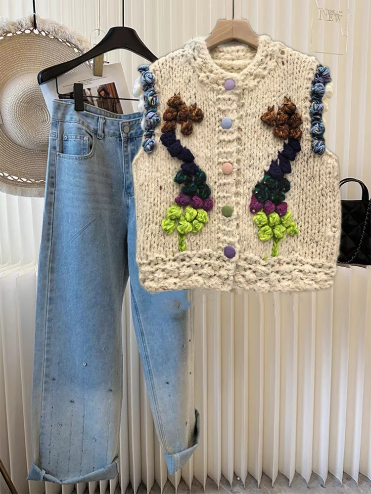 Chunky Hand-Knitted Vest With 3D Crochet Flowers and Colored Button Vintage Sweater
Chunky Hand-Knitted Vest With 3D Crochet Flowers and Colored Button Vintage Sweater