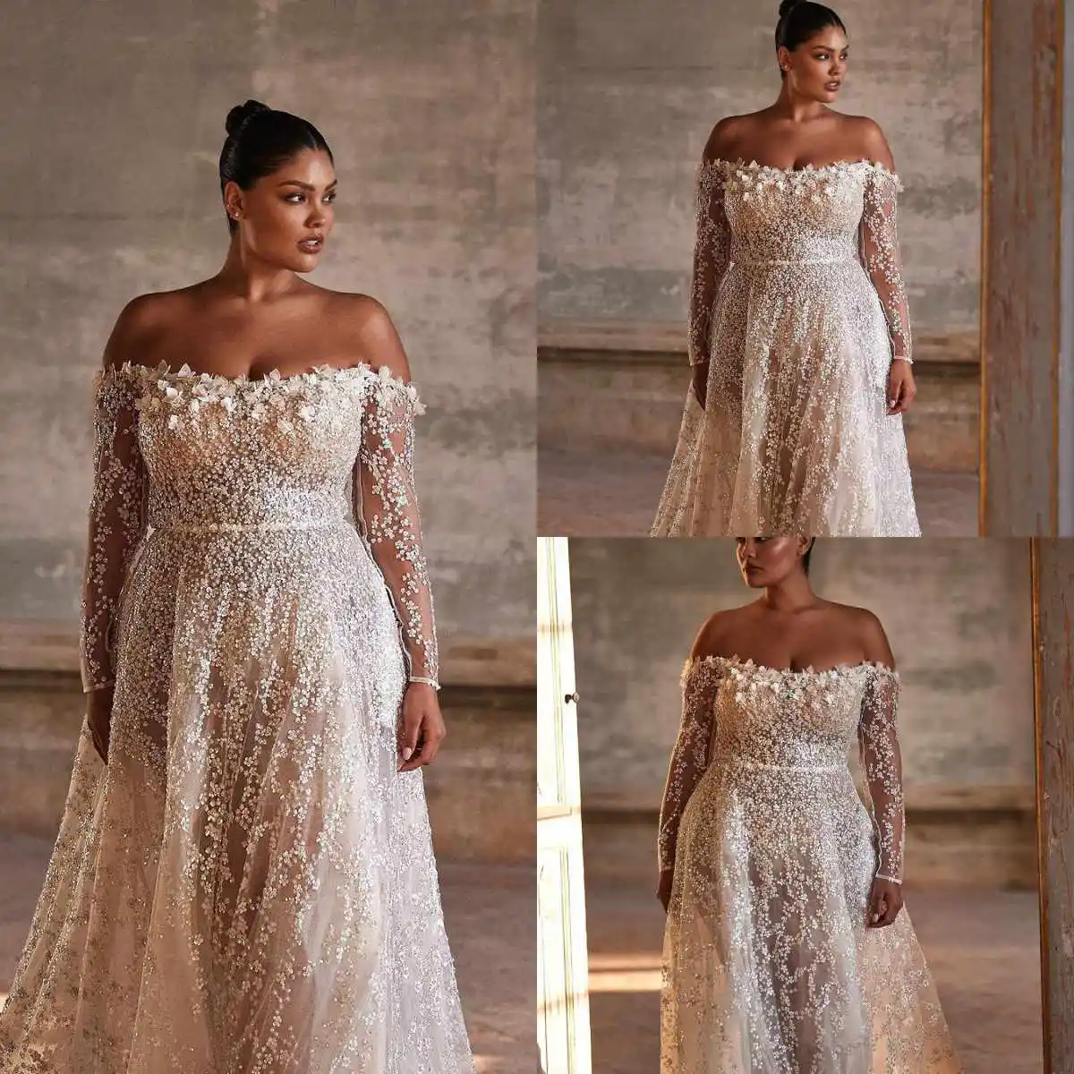 Plus Size A Line Wedding Dress 3D Appliques Sequins Off Shoulder Bride Gown Long Sleeve Sweep Train Bridal Dresses Custom Made
Plus Size A Line Wedding Dress 3D Appliques Sequins Off Shoulder Bride Gown Long Sleeve Sweep Train Bridal Dresses Custom Made