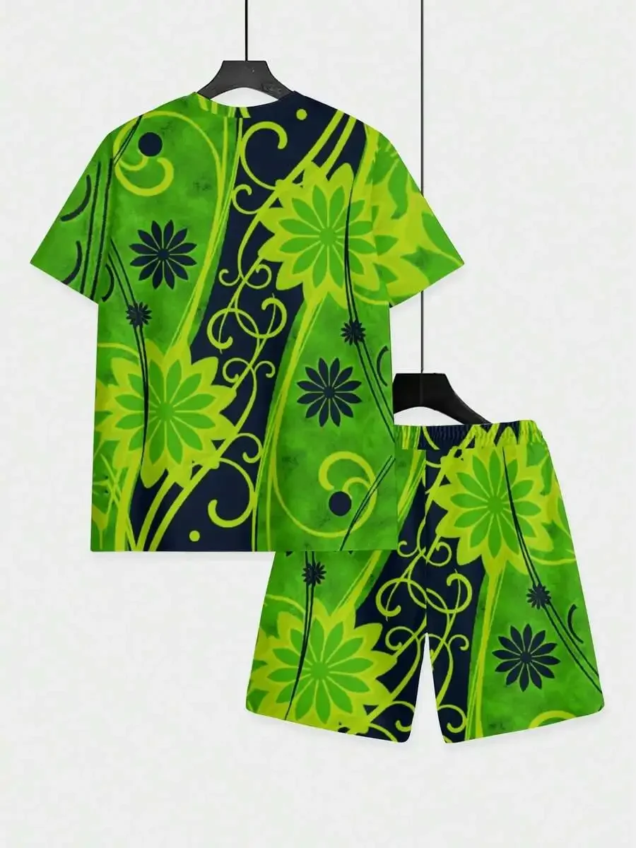 Mens Vibrant Green And Floral Vine Print Two-Piece Set: Short Sleeve Tee Plus Elastic Waist Shorts For Summer Beach Wear
Mens Vibrant Green And Floral Vine Print Two-Piece Set: Short Sleeve Tee Plus Elastic Waist Shorts For Summer Beach Wear