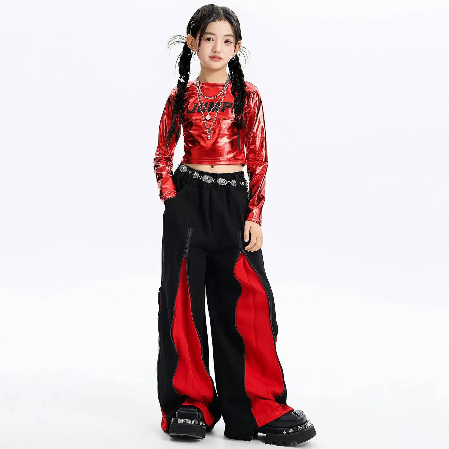 Kid Kpop Hip Hop Clothing Red Metalic Crop Long Sleeve T Shirt Black Casual Zipper Wide Leg Pants for Girl Dance Costume Clothes
Kid Kpop Hip Hop Clothing Red Metalic Crop Long Sleeve T Shirt Black Casual Zipper Wide Leg Pants for Girl Dance Costume Clothes