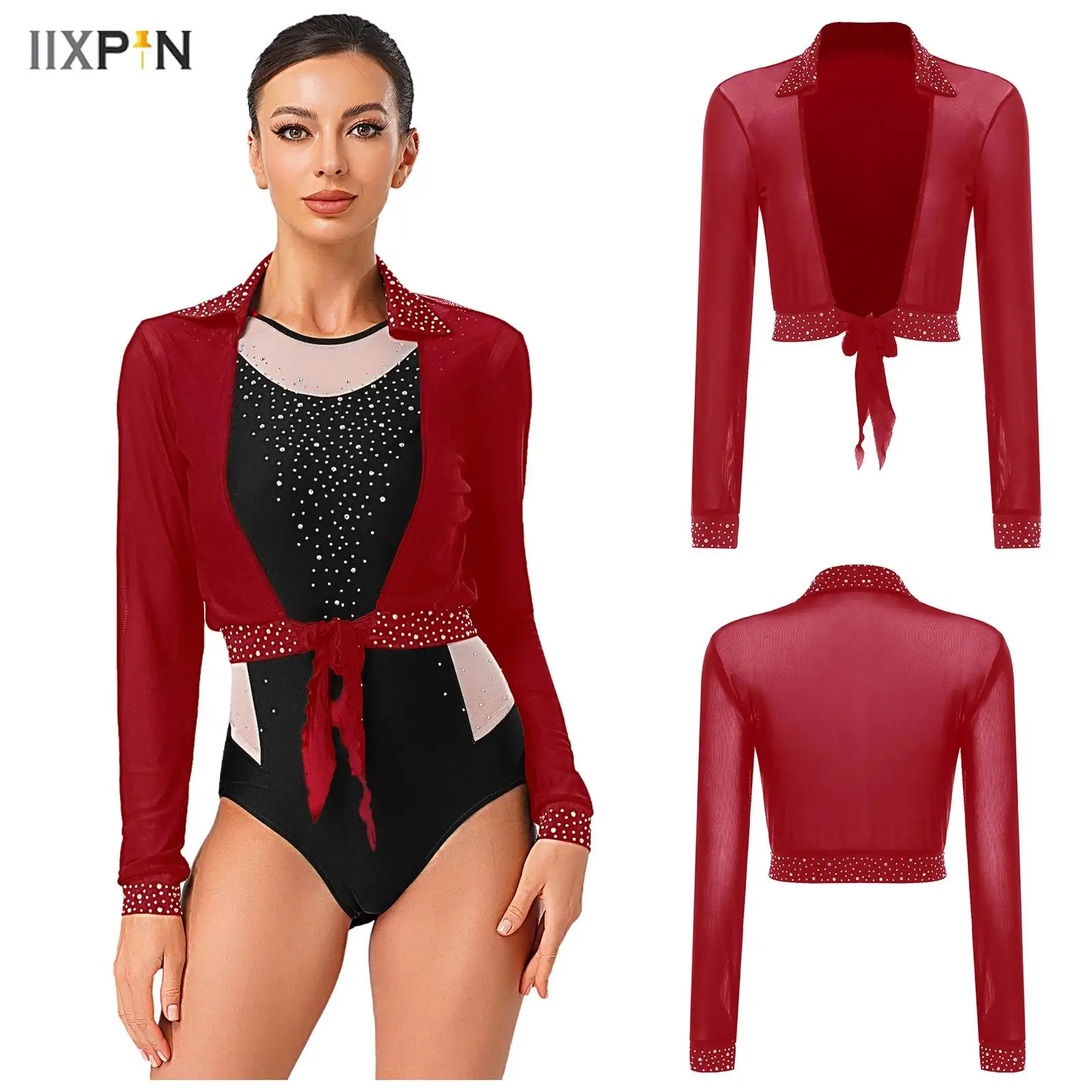 Women Ballet Cardigan Shiny Rhinestones Sheer Mesh Lapel Long Sleeve Open Front Tying Bolero Cropped Jackets Dancewear Accessory
Women Ballet Cardigan Shiny Rhinestones Sheer Mesh Lapel Long Sleeve Open Front Tying Bolero Cropped Jackets Dancewear Accessory