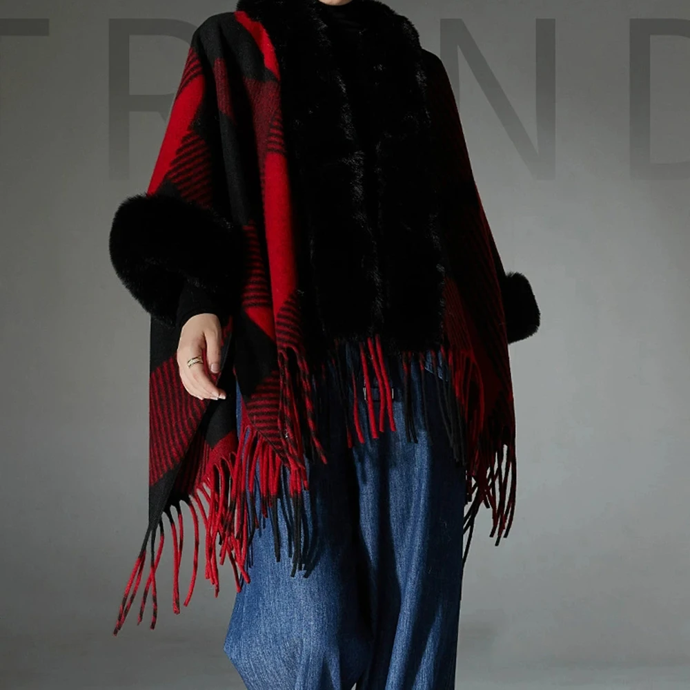 European and American autumn and winter new jacquard Christmas red fur collar geometric tassel shawl-GZXX741
European and American autumn and winter new jacquard Christmas red fur collar geometric tassel shawl-GZXX741