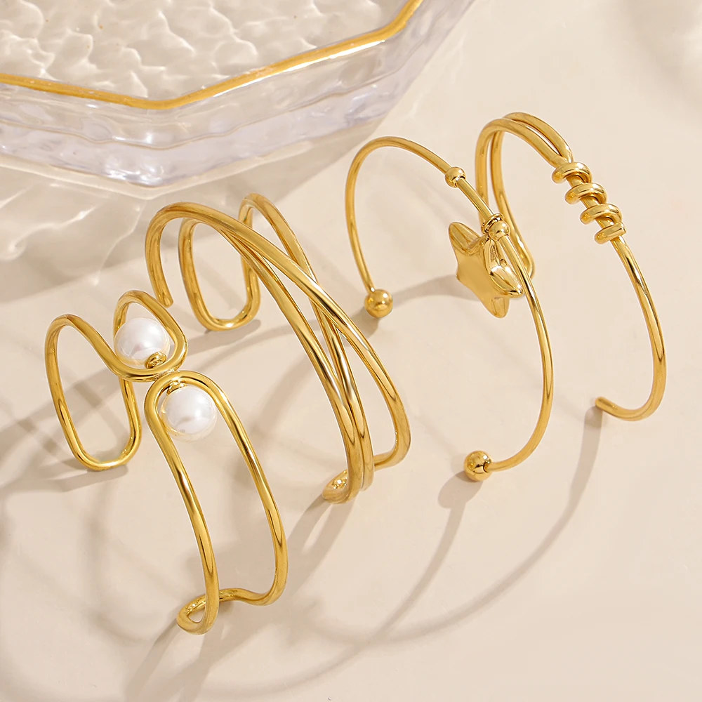 DODOHAO New Waterproof Stainless Steel Irregular Open Bangle Bracelet for Women Imitation Pearl Star Gold Color Charm Bangles
DODOHAO New Waterproof Stainless Steel Irregular Open Bangle Bracelet for Women Imitation Pearl Star Gold Color Charm Bangles