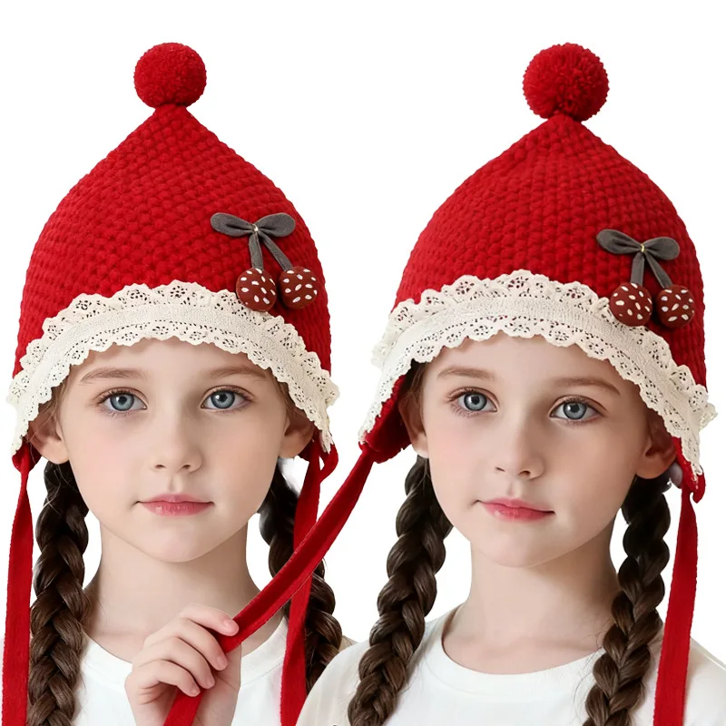 Toddler Girls Fashionable Lace Trim Knit Hat Kids Cute 3D Cherry Decor Knitted Cap Autumn Winter Warm Ear Protection Hat
Toddler Girls Fashionable Lace Trim Knit Hat Kids Cute 3D Cherry Decor Knitted Cap Autumn Winter Warm Ear Protection Hat