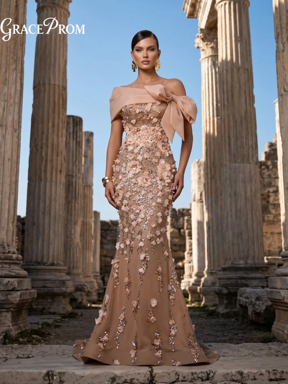 Romantic Champagne Nude 3D Floral Off Shoulder Big Bow Evening Gown Corset Long Train Wedding Formal Party Dress فساتين سهرة
Romantic Champagne Nude 3D Floral Off Shoulder Big Bow Evening Gown Corset Long Train Wedding Formal Party Dress فساتين سهرة