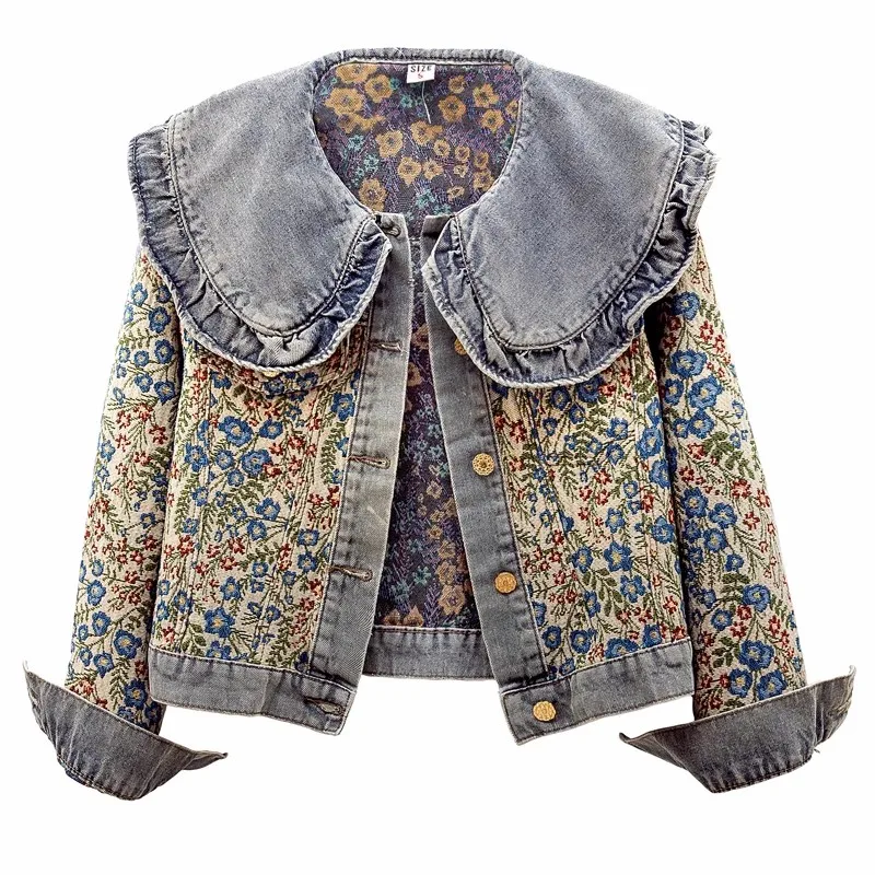 Spring Autumn New Ruffles Doll Collar Denim Coat Women Short Jacquard Long Sleeve Vintage Loose Jeans Jacket Female Tide B575
Spring Autumn New Ruffles Doll Collar Denim Coat Women Short Jacquard Long Sleeve Vintage Loose Jeans Jacket Female Tide B575