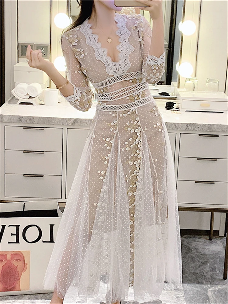 Spring Fall Dress for Women Clothes Elegant Party Embroidey Lace V Neck Solid White Mesh Woman Dress Femme Birthday Maxi Vestido
Spring Fall Dress for Women Clothes Elegant Party Embroidey Lace V Neck Solid White Mesh Woman Dress Femme Birthday Maxi Vestido