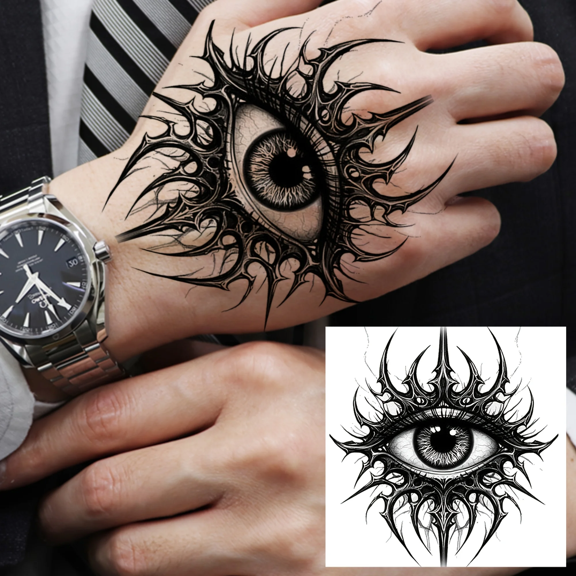 1 piece of temporary tattoo sticker with black evil eye pattern. It can be applied on hands, and other body parts. This semi-permanent fake tattoo sticker is waterproof, long-lasting and highly realistic, ideal for festivals, parties and other occasions.
1 piece of temporary tattoo sticker with black evil eye pattern. It can be applied on hands, and other body parts. This semi-permanent fake tattoo sticker is waterproof, long-lasting and highly realistic, ideal for festivals, parties and other occasions.