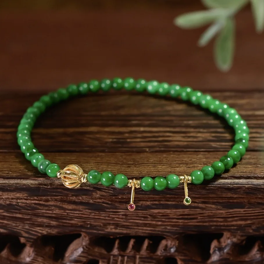 Natural Spicy Green A-Jadeite Bracelet, All 18K Gold Fittings Chinese Style Women Wrist Jewelry
Natural Spicy Green A-Jadeite Bracelet, All 18K Gold Fittings Chinese Style Women Wrist Jewelry