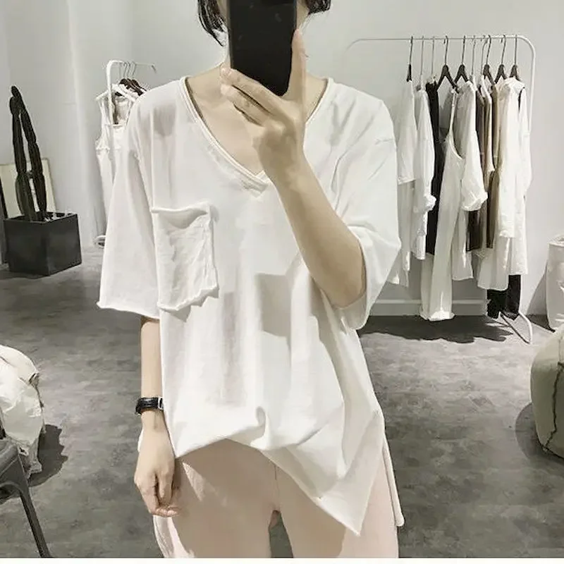 Womens T Shirts Summer Trendy Slit T-shirt Casual Loose Thin Short Sleeve Tops Korean Rolled Edge Front Short Back Long Tshirts
Womens T Shirts Summer Trendy Slit T-shirt Casual Loose Thin Short Sleeve Tops Korean Rolled Edge Front Short Back Long Tshirts