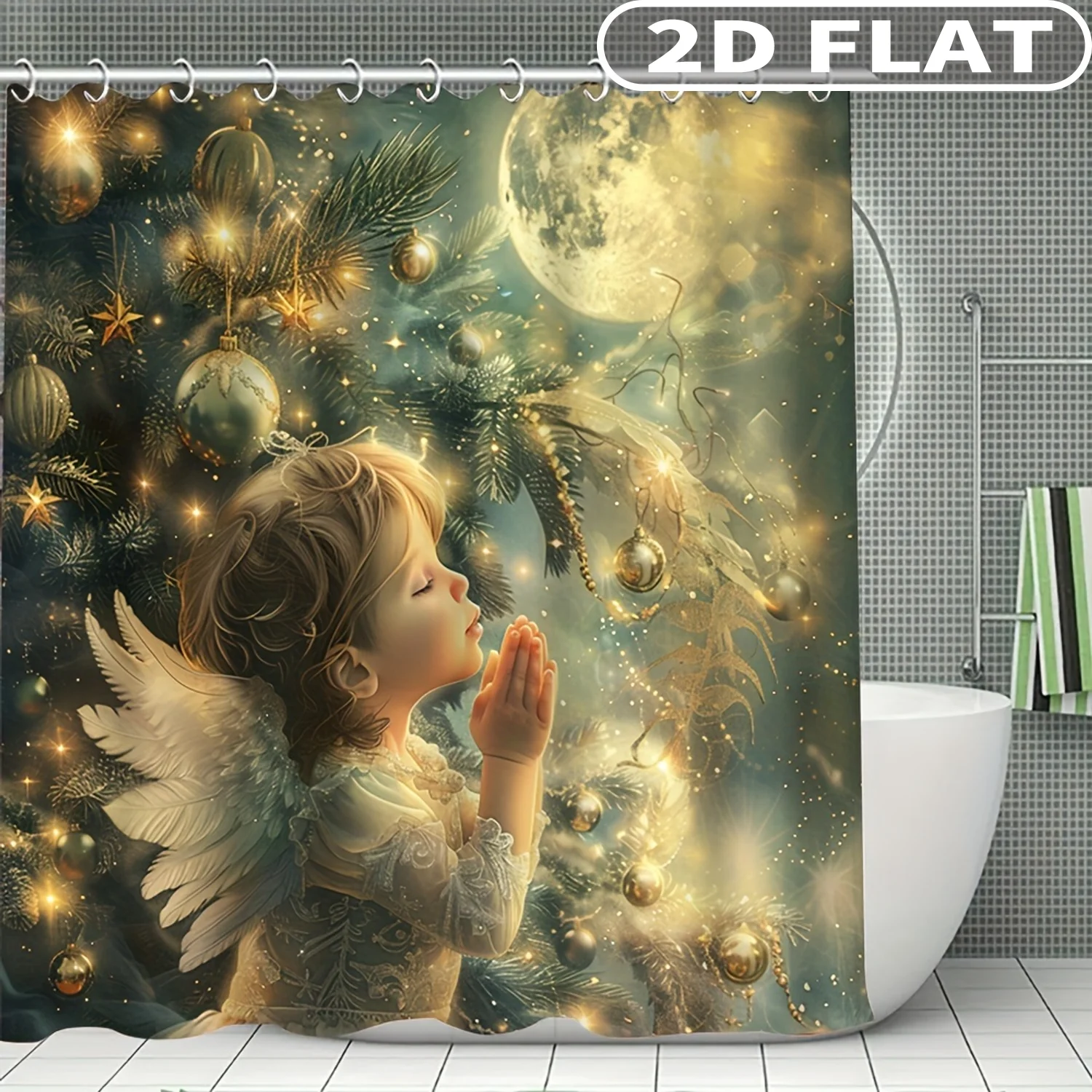 1pc/ 4pcs 2D FLAT Angel Christmas Tree Moon Pattern Shower Curtain Set, Accessories with Bath Mat, U-shaped Mat, Toilet Lid Cov
1pc/ 4pcs 2D FLAT Angel Christmas Tree Moon Pattern Shower Curtain Set, Accessories with Bath Mat, U-shaped Mat, Toilet Lid Cov