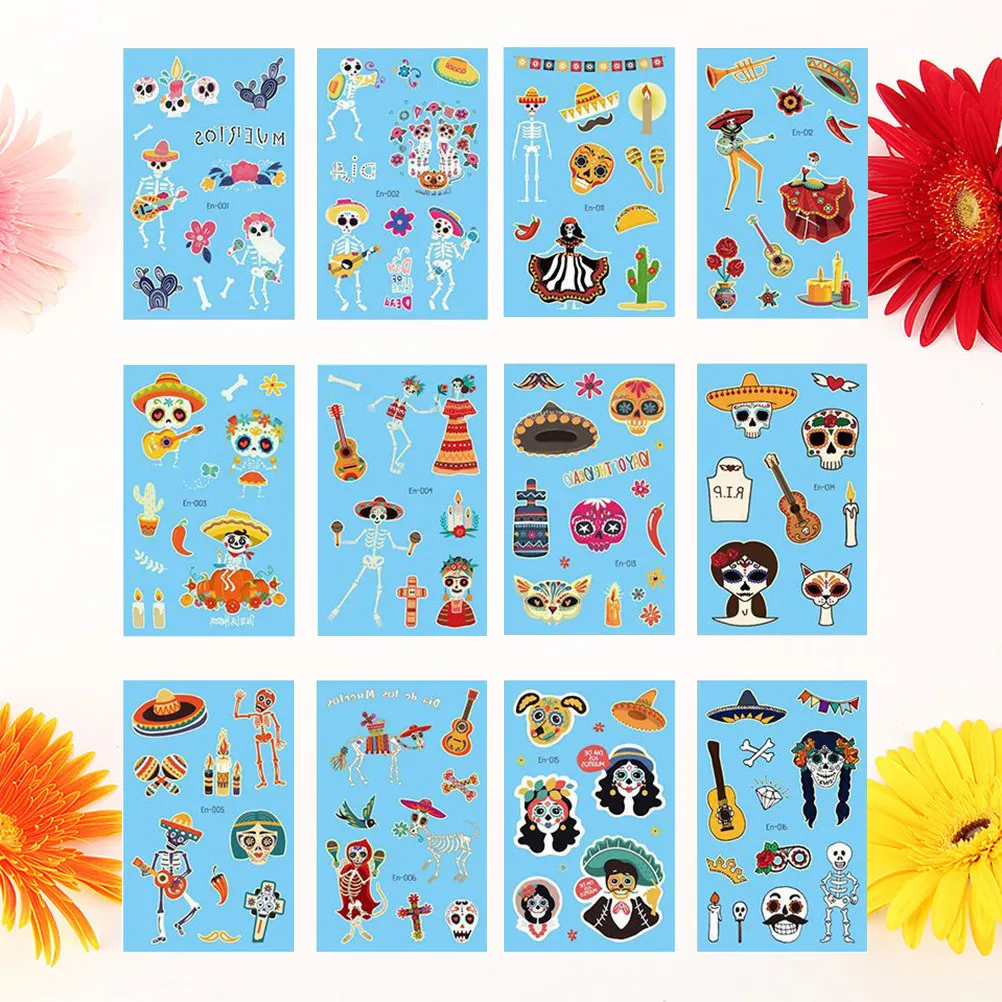 12 листов наклеек-тату с черепами, водонепроницаемые, светящиеся, для Дня мертвых, детские украшения для тела, канцелярские товары
12 листов наклеек-тату с черепами, водонепроницаемые, светящиеся, для Дня мертвых, детские украшения для тела, канцелярские товары