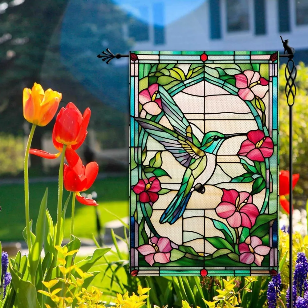 Stained glass inlaid with hummingbird pattern design, spring and summer outdoor decoration, size 12X18 inches
Stained glass inlaid with hummingbird pattern design, spring and summer outdoor decoration, size 12X18 inches