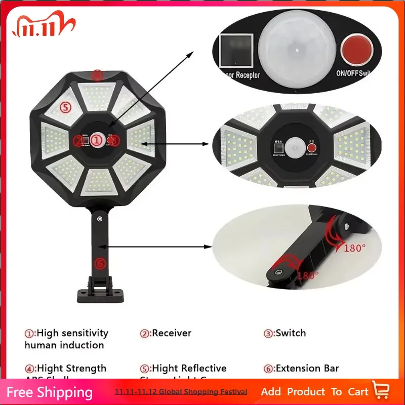 Outdoor Solar Flood Light 168LED Motion Sensor IP65 Waterproof Octagonal Design Dusk to Dawn 360° Adjustable Parking Lot Lights
Outdoor Solar Flood Light 168LED Motion Sensor IP65 Waterproof Octagonal Design Dusk to Dawn 360° Adjustable Parking Lot Lights