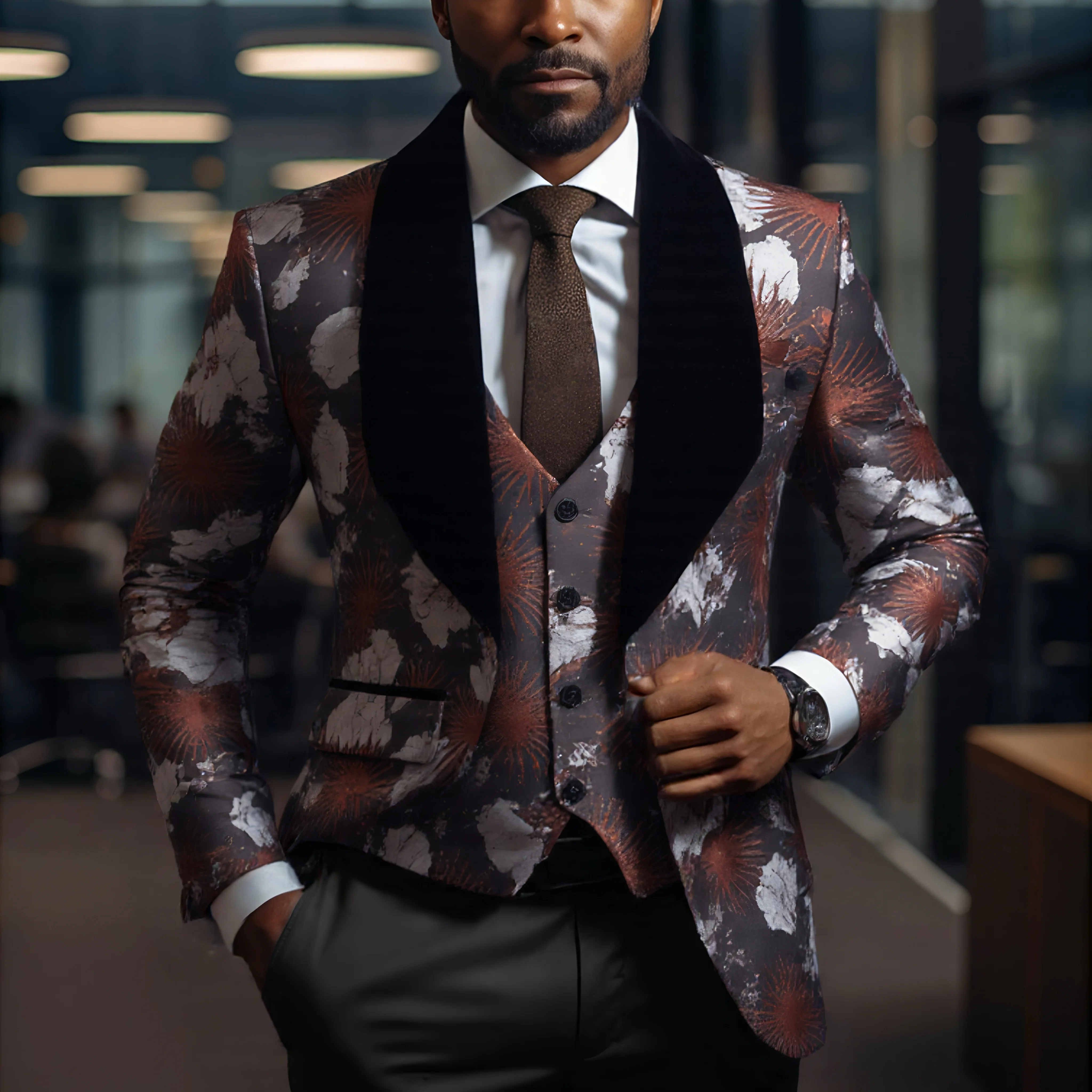 Men's three-piece suit set in regular cut and pattern, including patterned suit jacket, vest, and pants for banquet wear
Men's three-piece suit set in regular cut and pattern, including patterned suit jacket, vest, and pants for banquet wear
