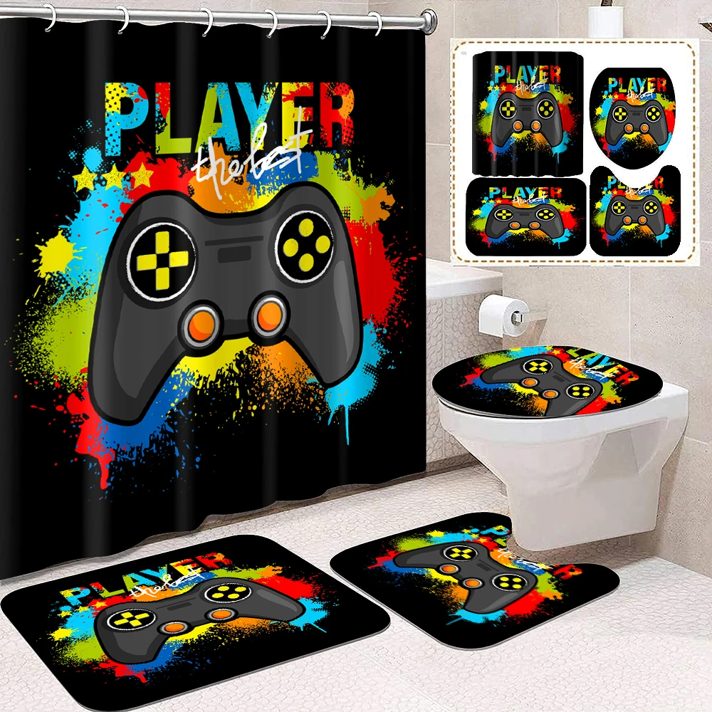 1 set of colorful game controller printed shower curtains, cool style, with plastic hooks and bathroom floor mats
1 set of colorful game controller printed shower curtains, cool style, with plastic hooks and bathroom floor mats