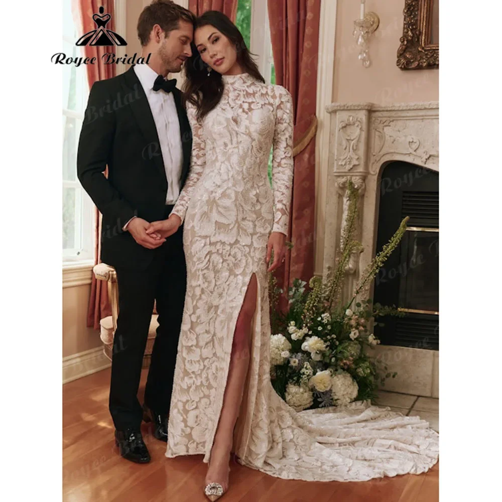 Church Sparkly Lace Long Sleeve Split Side Wedding Dress for Women 2025 Bridal Gown High Neck Customzied vestido novia bohemio
Church Sparkly Lace Long Sleeve Split Side Wedding Dress for Women 2025 Bridal Gown High Neck Customzied vestido novia bohemio