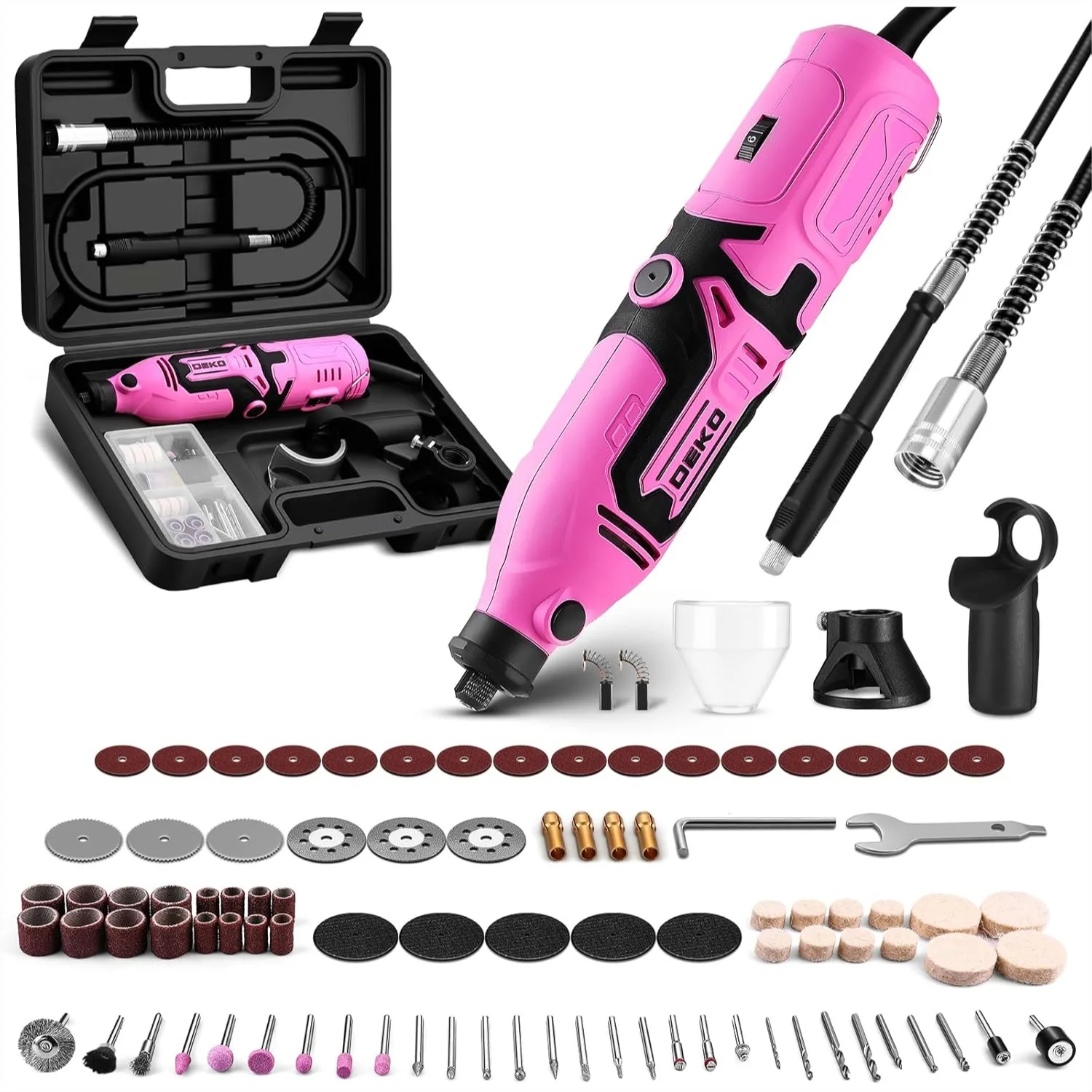 Rotary Tool Kit, 127pcs Accessories, 6 Speed 8000-35000 RPM, Flex Shaft for Carving Cutting Sanding Pink
Rotary Tool Kit, 127pcs Accessories, 6 Speed 8000-35000 RPM, Flex Shaft for Carving Cutting Sanding Pink