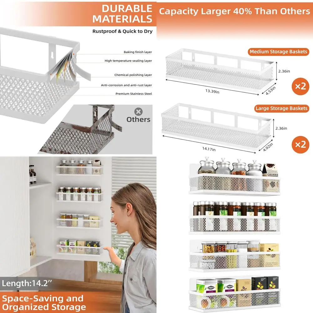 Настенная подставка для специй, набор из 4 настенных подставок для специй и подвесных корзин-органайзеров, настенный металлический стеллаж для специй большой вместимости
Настенная подставка для специй, набор из 4 настенных подставок для специй и подвесных корзин-органайзеров, настенный металлический стеллаж для специй большой вместимости