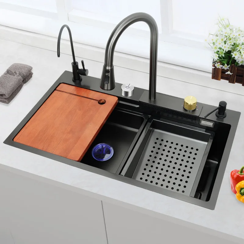 New Black Nano 304 Stainless Steel Waterfall Kitchen Sink Large Single Slot Wash Basin With Multifunction Touch Waterfall Fauce
New Black Nano 304 Stainless Steel Waterfall Kitchen Sink Large Single Slot Wash Basin With Multifunction Touch Waterfall Fauce