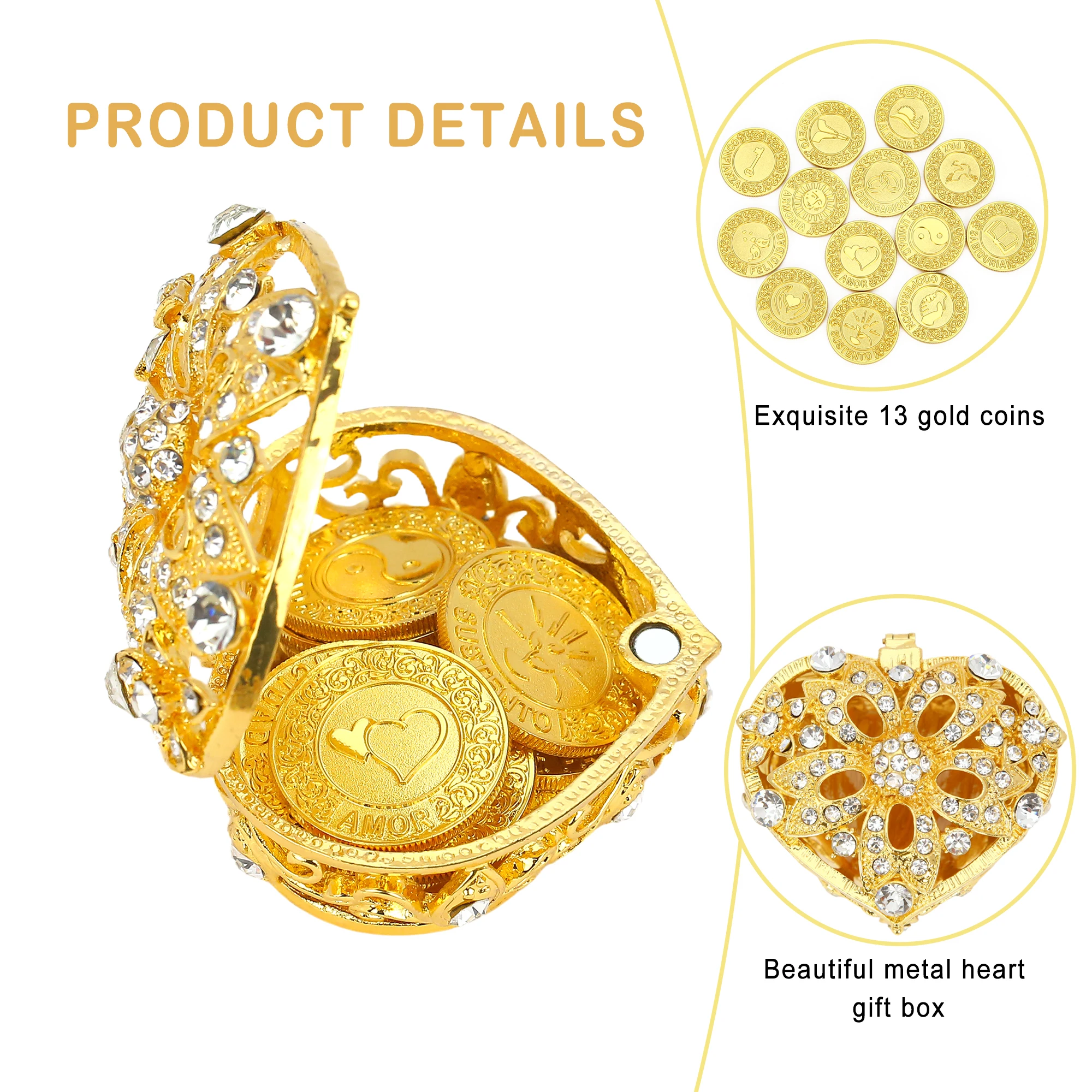 Spanish Wedding Arras Coins Set with Crystal Heart Box, Slide Wooden Box and Round Tray
Spanish Wedding Arras Coins Set with Crystal Heart Box, Slide Wooden Box and Round Tray