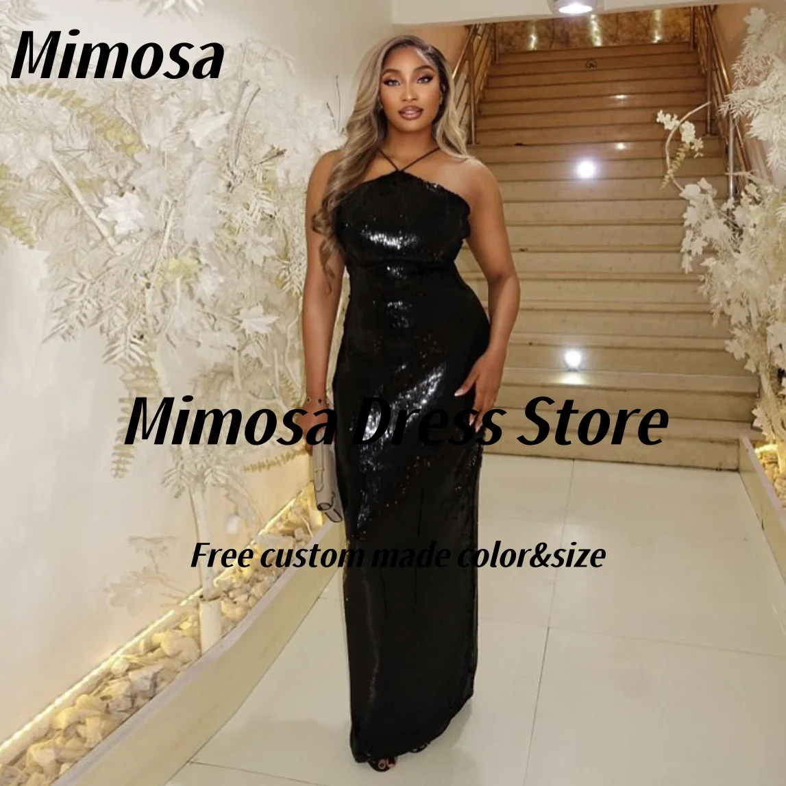 Mimosa Black Sequin Prom Dresses Halter Neck Sleeveless Cocktail Evening Gowns Long Maid of Honor Wedding Party Dress Customized
Mimosa Black Sequin Prom Dresses Halter Neck Sleeveless Cocktail Evening Gowns Long Maid of Honor Wedding Party Dress Customized